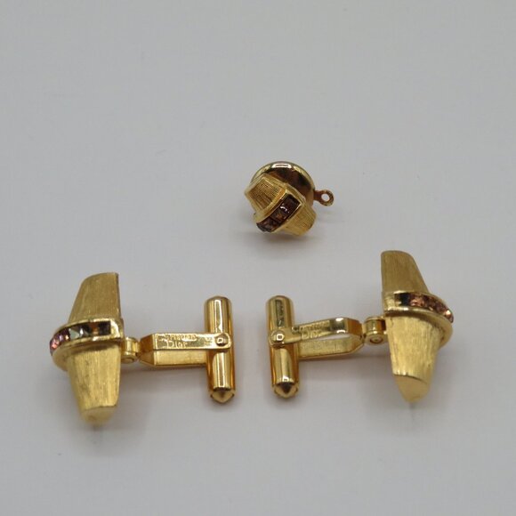 Christian Dior Vintage Art Deco Cufflinks and Tie Tac Set Gold Tone Rhinestone - Picture 4 of 11